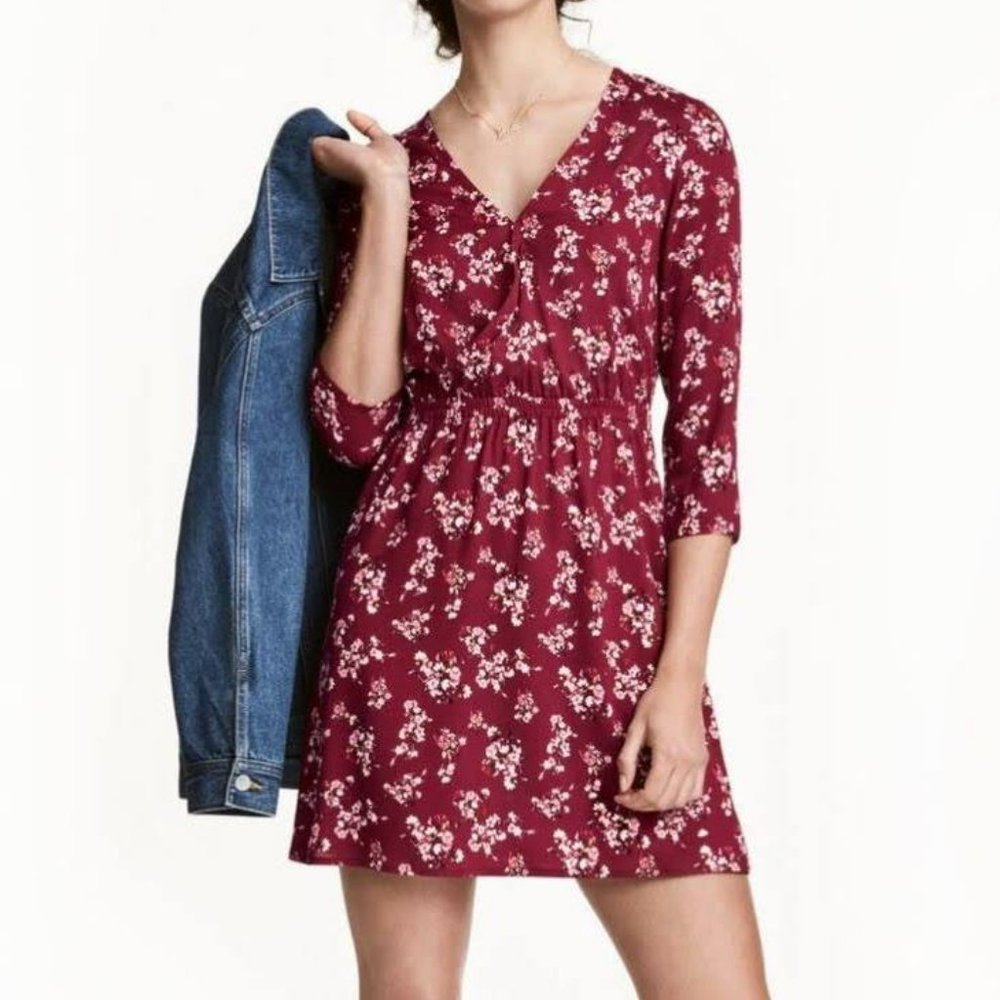 HM Divided Floral Wrap Quarter Sleeve V Neck Dress Sz M